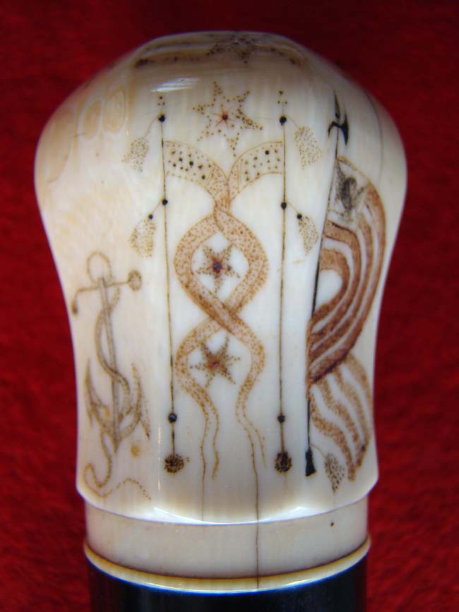 A RARE and beautiful 19th century American presentation walking stick with an eight sided scrimshawed ivory knob and a spiral twist entwined rope pattern dark rosewood shaft. — image 6